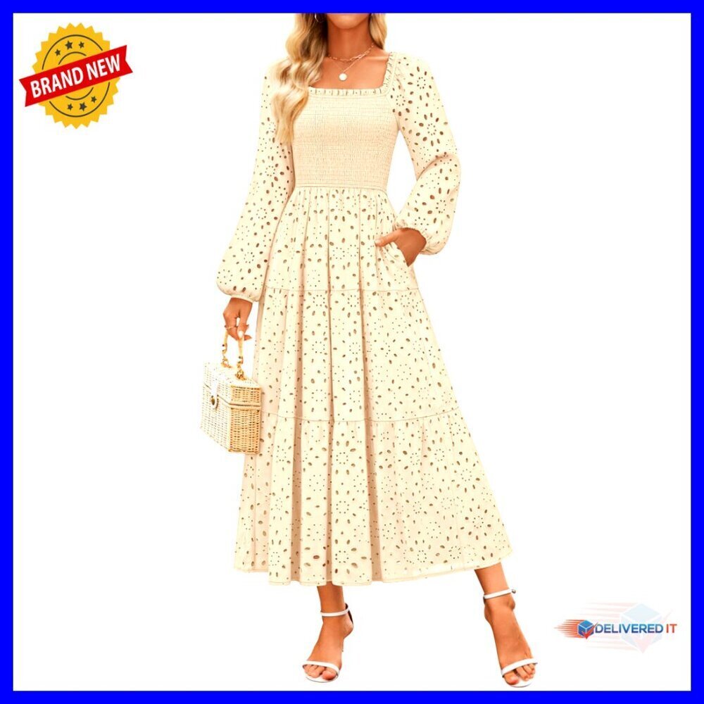 Long Sleeve Maxi Dress Elegant Smocked A-Line Hollow Out Eyelet Cocktail Party
